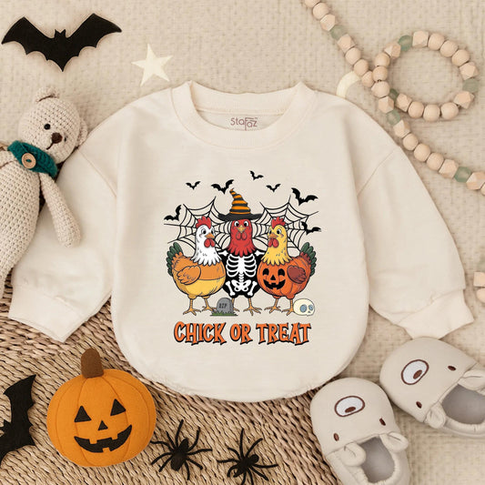 Funny Chick or Treat Halloween Baby Bubble Romper with Cartoon Chicken Skeleton Pumpkin Bats Cobwebs Cute Infant Toddler Costume