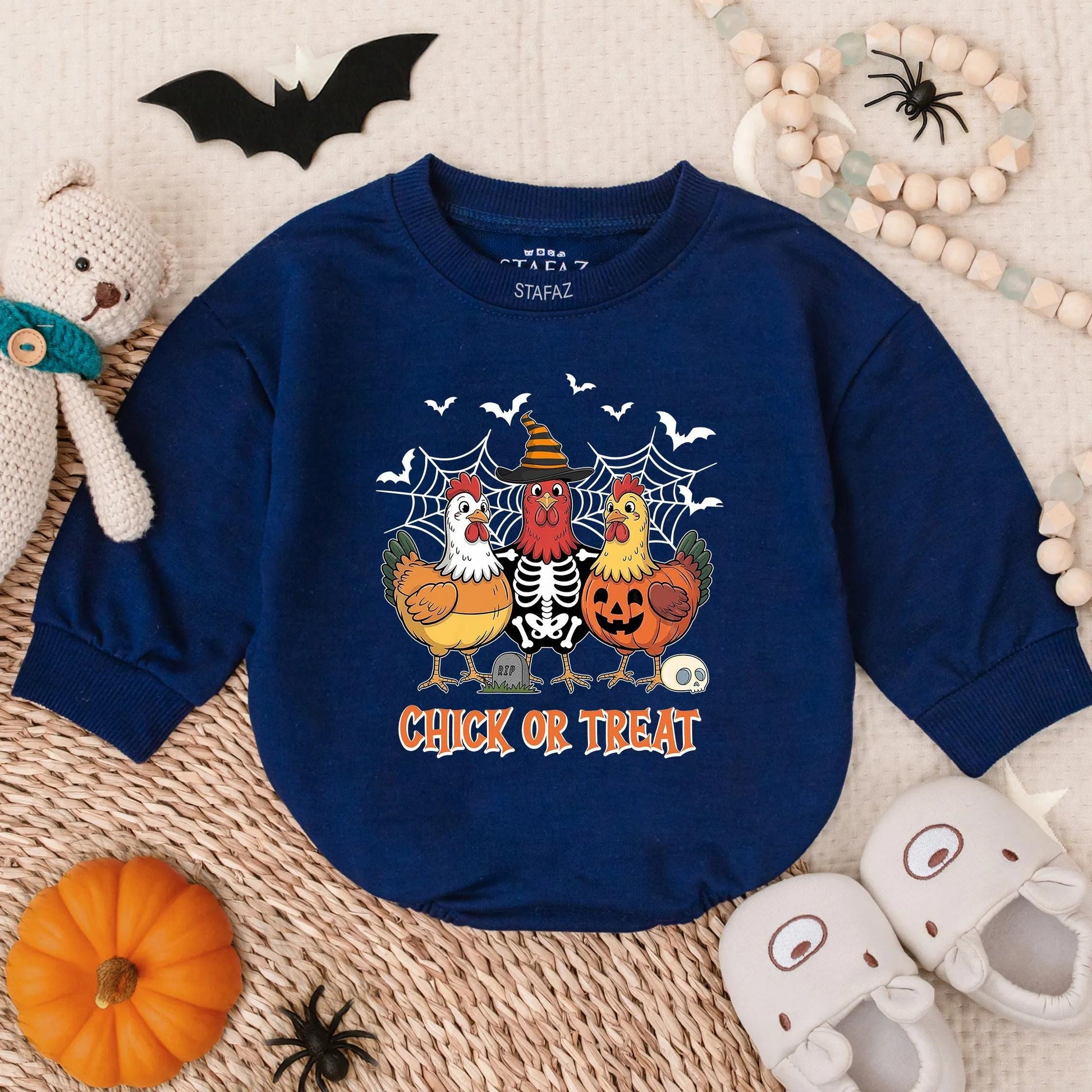 Funny Chick or Treat Halloween Baby Bubble Romper with Cartoon Chicken Skeleton Pumpkin Bats Cobwebs Cute Infant Toddler Costume