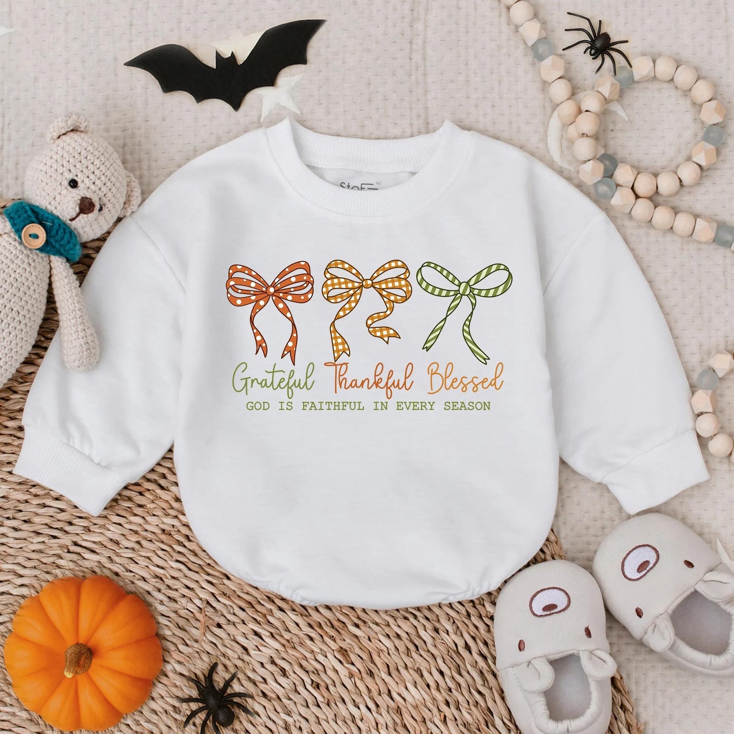 Grateful Thankful Blessed Baby Girl Romper Christian Fall Bubble Outfit Faith Based Autumn Bodysuit with Decorative Bows for Thanksgiving