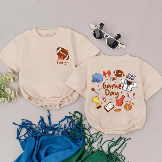 Personalized Everlyn Football Baby Romper Cute Game Day Outfit Retro Touchdown Girl Bodysuit Baby Shower Gift Bright Colors