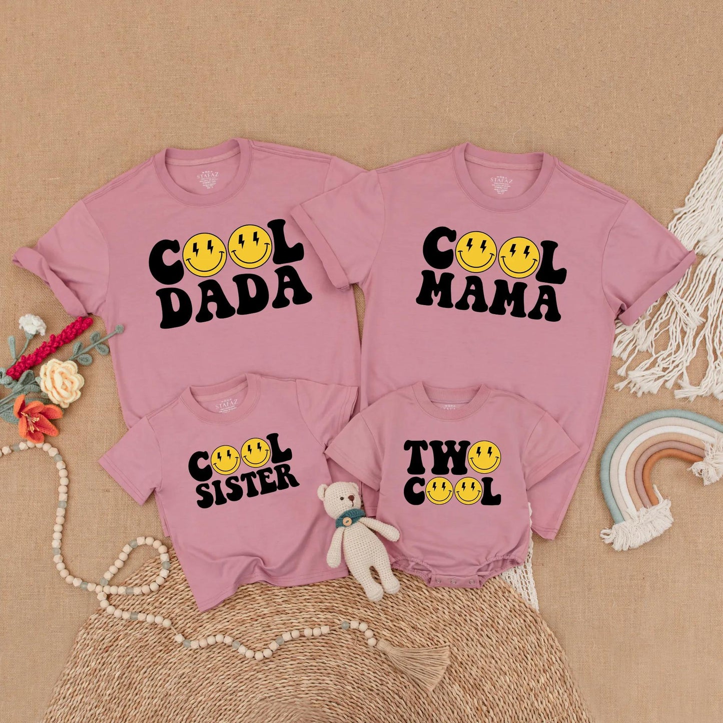 Two Cool Matching Family 2nd Birthday Shirts Yellow Happy Face Lightning Eye Retro Bubble Personalized Titles Soft Cotton Party Outfit