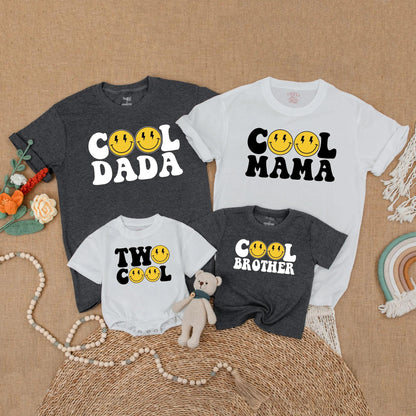 Two Cool Matching Family 2nd Birthday Shirts Yellow Happy Face Lightning Eye Retro Bubble Personalized Titles Soft Cotton Party Outfit