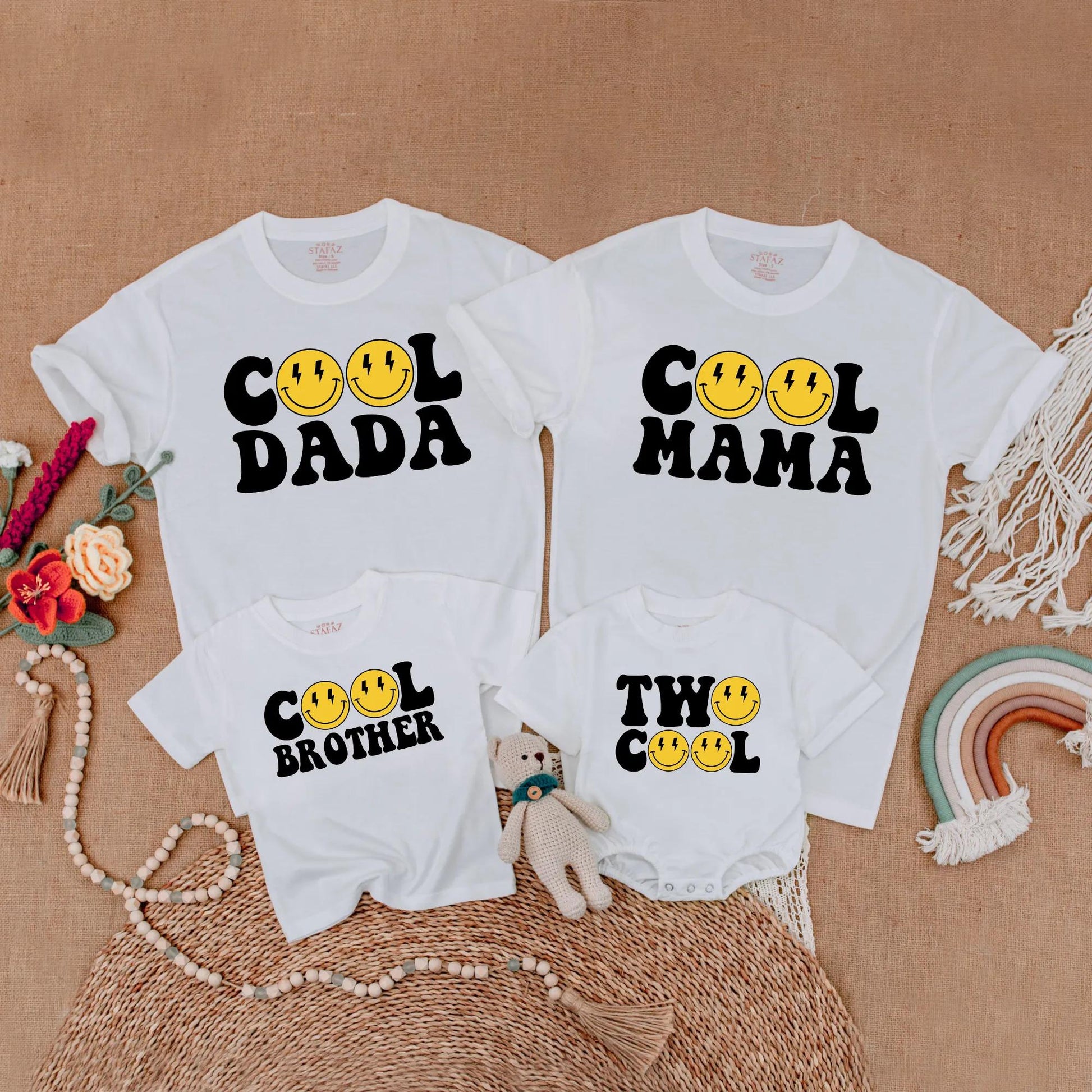 Two Cool Matching Family 2nd Birthday Shirts Yellow Happy Face Lightning Eye Retro Bubble Personalized Titles Soft Cotton Party Outfit