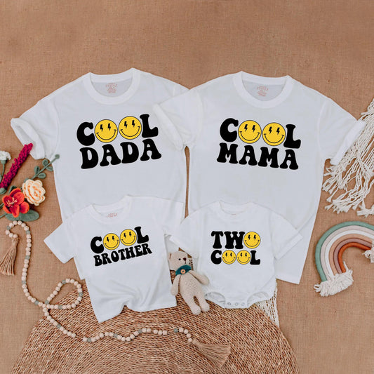 Two Cool Matching Family 2nd Birthday Shirts Yellow Happy Face Lightning Eye Retro Bubble Personalized Titles Soft Cotton Party Outfit