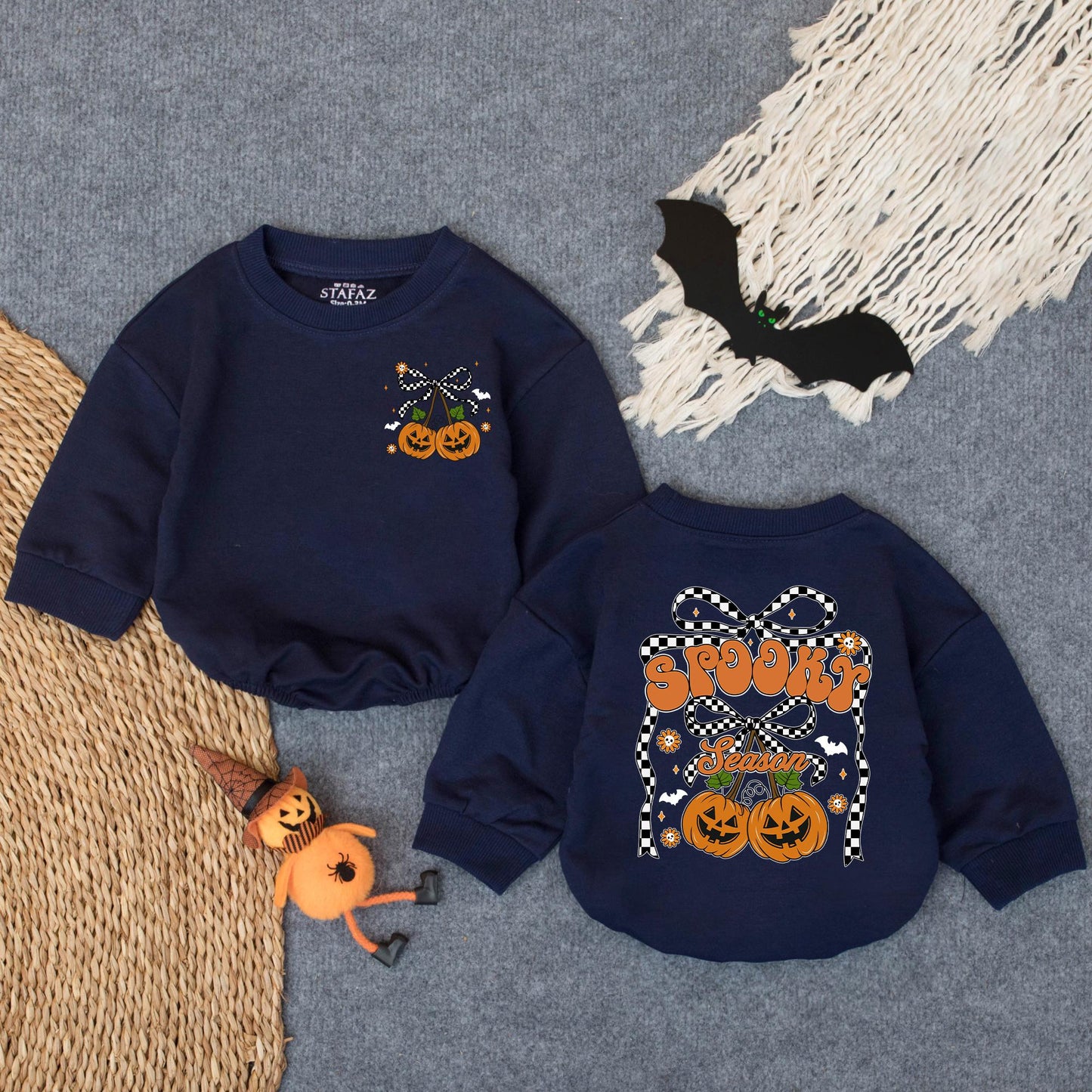 Spooky Season Pumpkin Romper, Cute Halloween Sweatshirt Outfit for Baby Girl or Boy, Checkered Bows Stars, Fall Toddler Clothes 138 chars