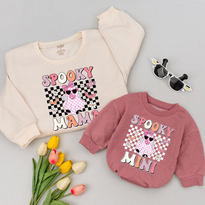 Spooky Mama Mini Retro Ghost Matching Halloween Shirts Pastel Checkered Mom Baby Outfits 2025