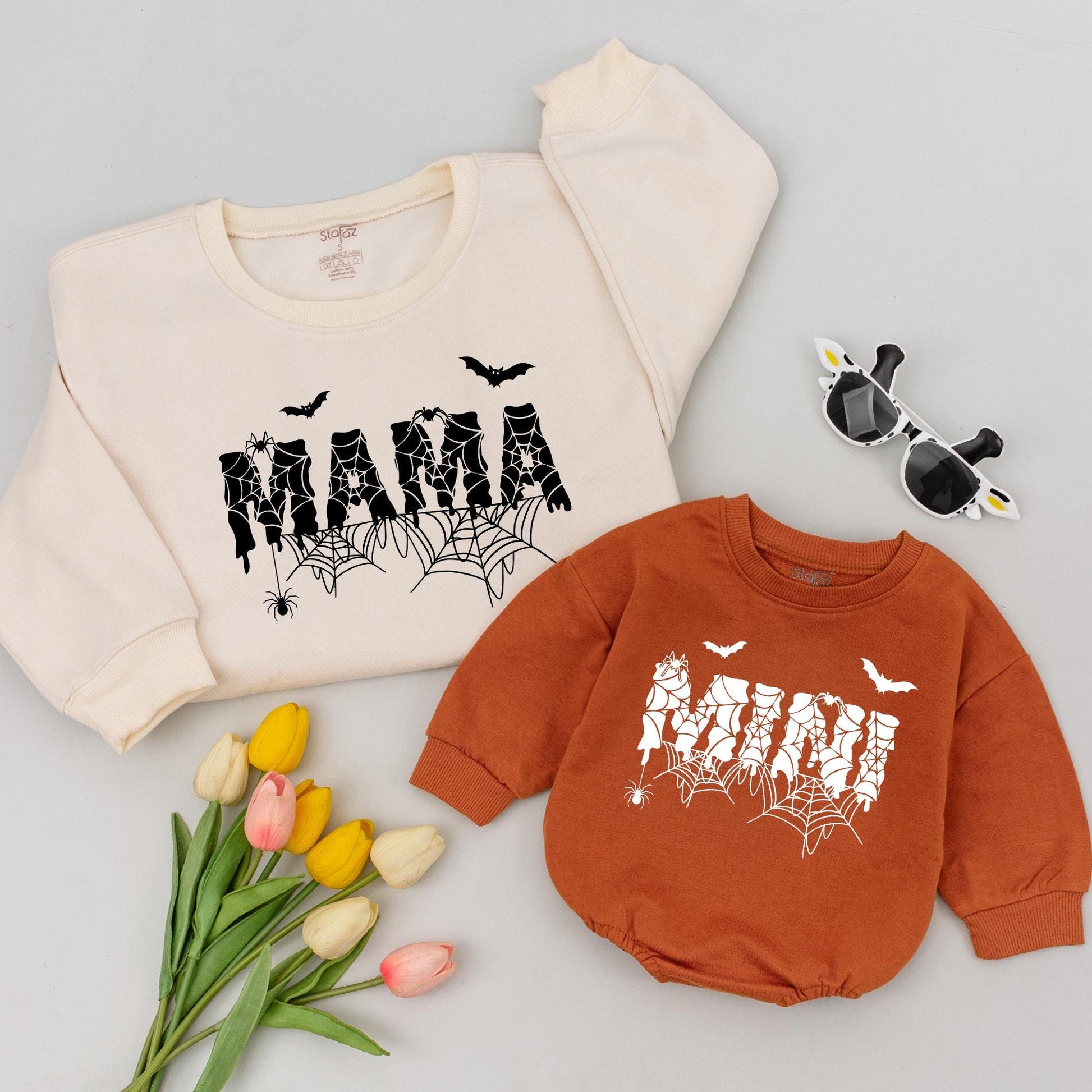 Spooky Mama & Mini Matching Halloween Shirts, Spiderweb Design, Mom and Baby Outfit, Cute Spiders & Bats, Halloween Family Costume
