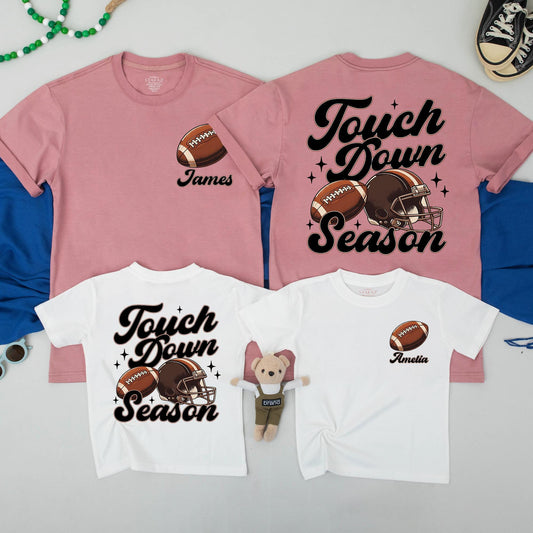 Touch Down Season Matching Family Shirts: Football Mom, Wife, Game Day Outfit in Retro Brown & Black Style - Football Lover Gift Tee 138 chars