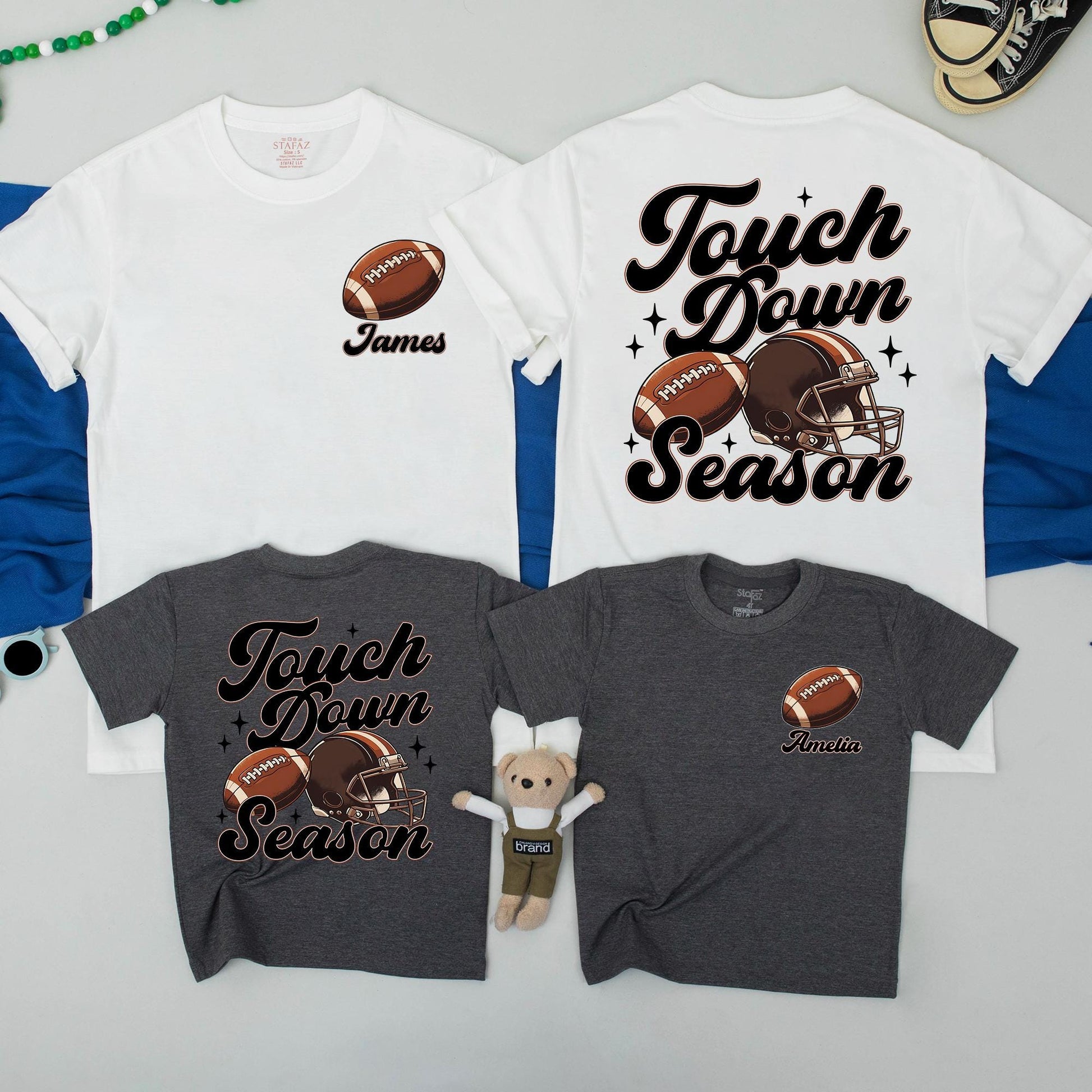 Touch Down Season Matching Family Shirts: Football Mom, Wife, Game Day Outfit in Retro Brown & Black Style - Football Lover Gift Tee 138 chars