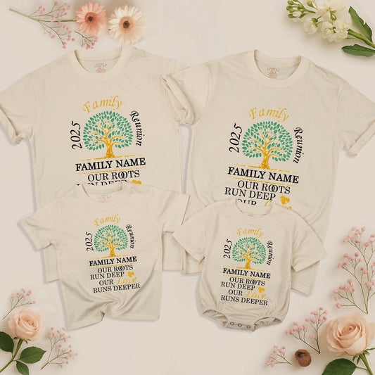 Family Reunion 2025 Custom Name Shirt: Our Roots Run Deep, Love Deeper, Green & Gold Family Tree Tee, Glitter Heart, Personalized Family Gift