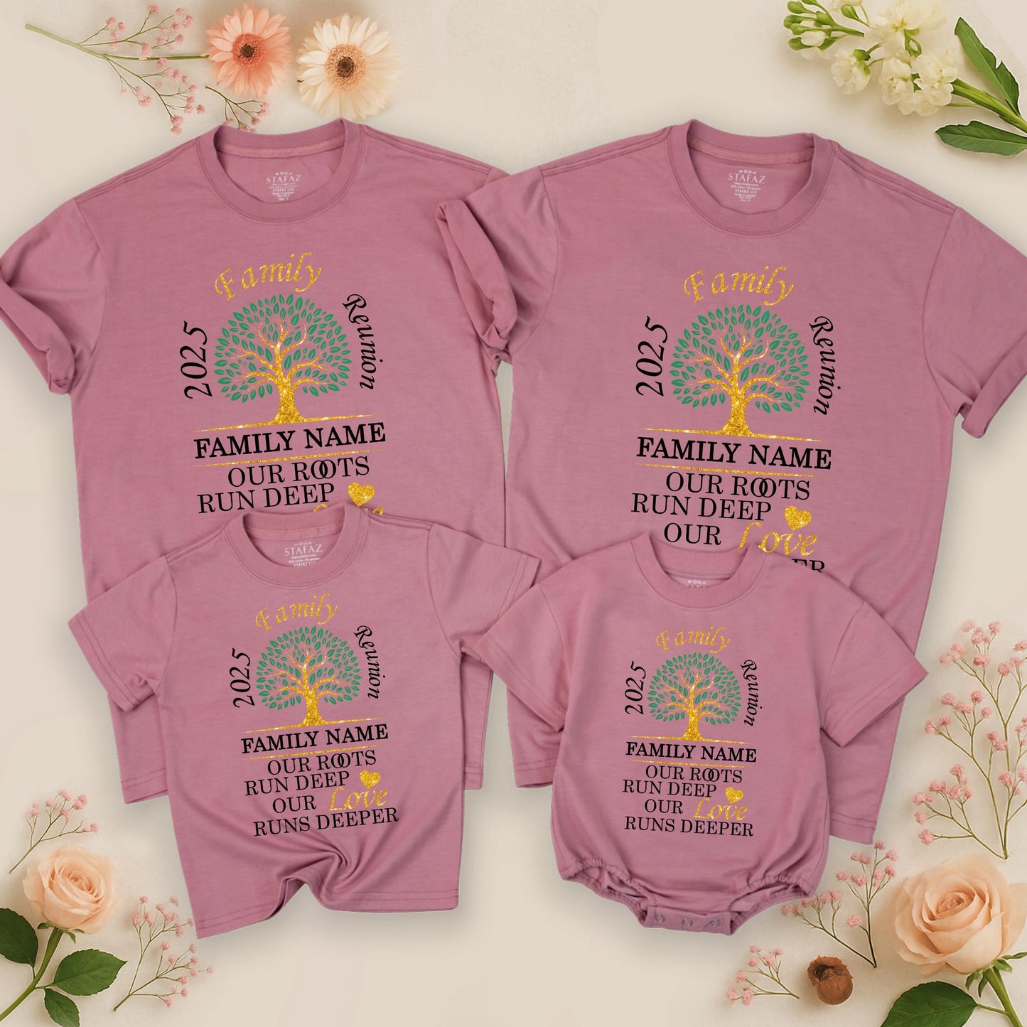 Family Reunion 2025 Custom Name Shirt: Our Roots Run Deep, Love Deeper, Green & Gold Family Tree Tee, Glitter Heart, Personalized Family Gift