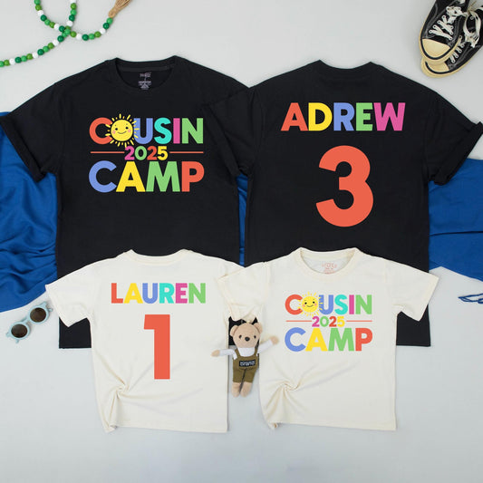 Custom Cousin Camp 2025 Rainbow Shirts with Sunshine Character for Boys & Girls, Toddler & Baby Tees