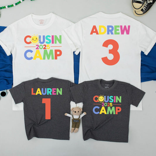 Custom Cousin Camp 2025 Rainbow Shirts with Sunshine Character for Boys & Girls, Toddler & Baby Tees