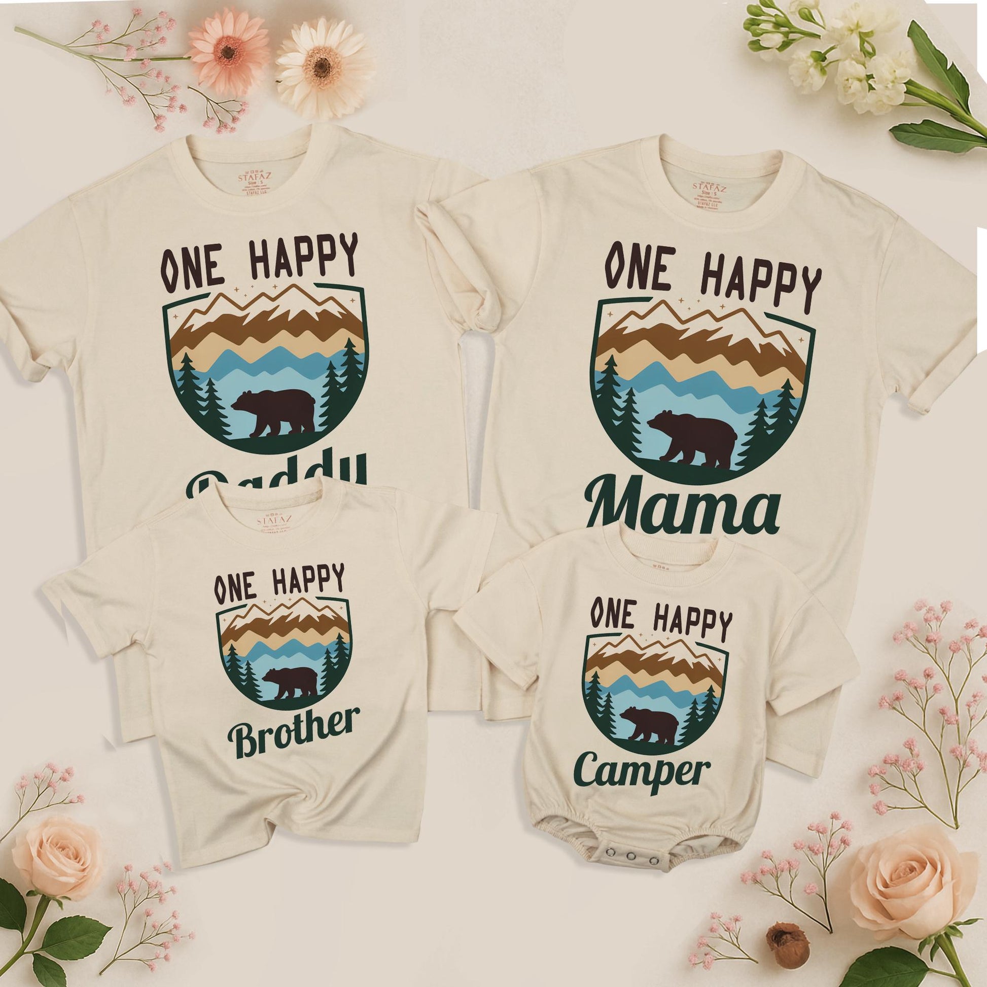 One Happy Camper Birthday Shirt Custom Family Camping Daddy Mama Brother Vacation 2025 Mountain Pine Tree Bear Outdoorsy Rustic Gift