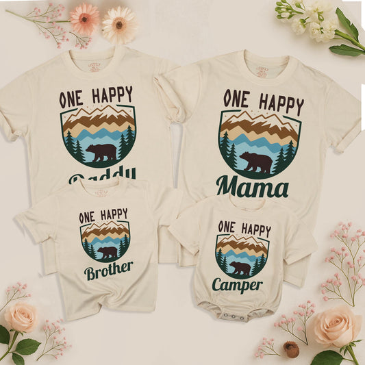 One Happy Camper Birthday Shirt Custom Family Camping Daddy Mama Brother Vacation 2025 Mountain Pine Tree Bear Outdoorsy Rustic Gift