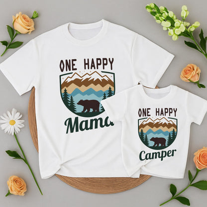 One Happy Camper Birthday Shirt Custom Family Camping Daddy Mama Brother Vacation 2025 Mountain Pine Tree Bear Outdoorsy Rustic Gift