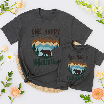One Happy Camper Birthday Shirt Custom Family Camping Daddy Mama Brother Vacation 2025 Mountain Pine Tree Bear Outdoorsy Rustic Gift