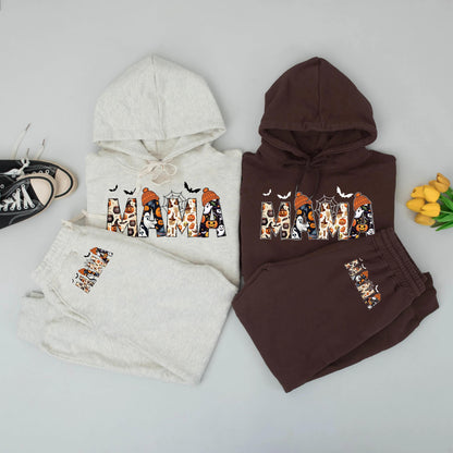 Spooky Season Personalized Mama Sweatshirt: Halloween Ghosts, Bats & Pumpkins Design, Custom Name Sleeve, Festive Mom Hoodie, Comfort & Style, Gift for Her (140)