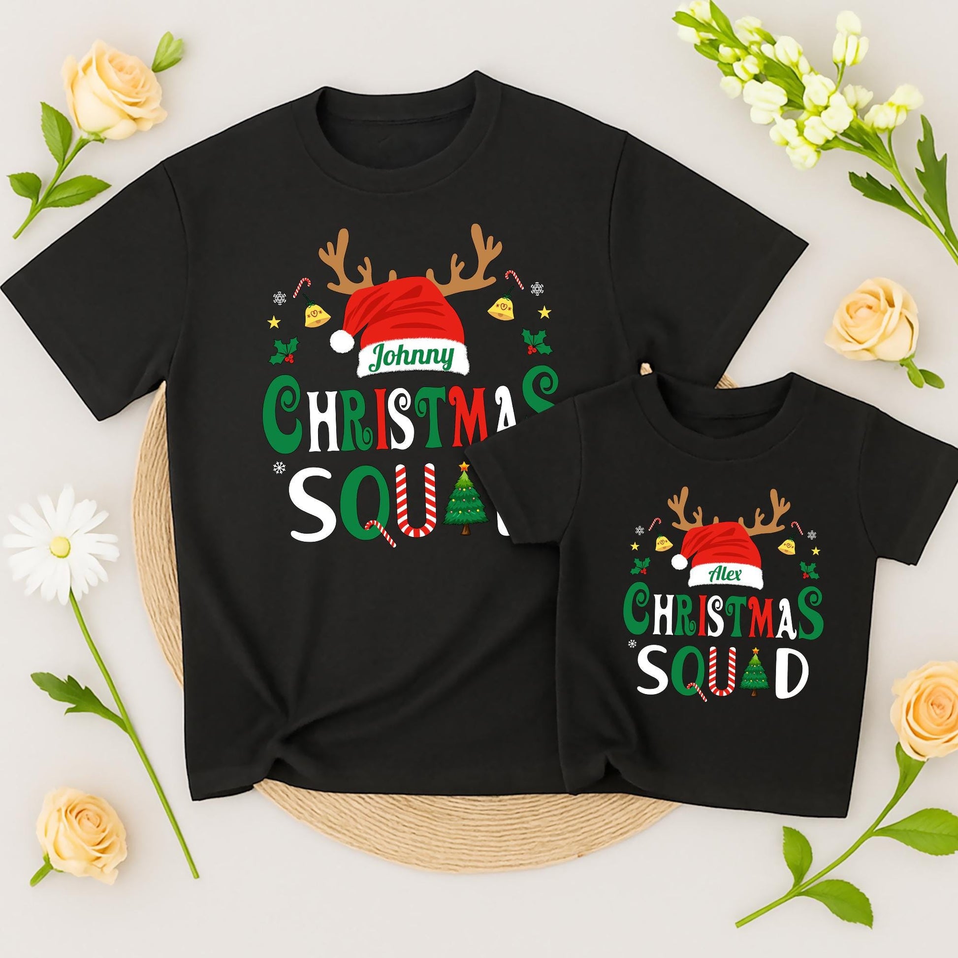 Christmas Squad Matching Family Shirts 2025 Personalized Name Santa Hat Antlers Holiday Tee Festive Group Outfit Bells Stars Candy Canes Xmas Pajamas