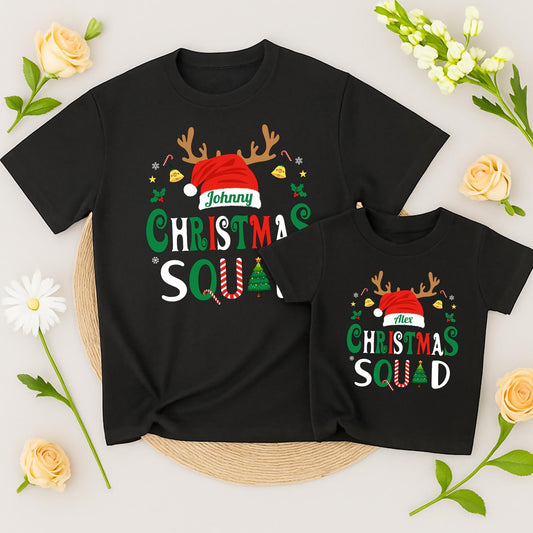 Christmas Squad Matching Family Shirts 2025 Personalized Name Santa Hat Antlers Holiday Tee Festive Group Outfit Bells Stars Candy Canes Xmas Pajamas