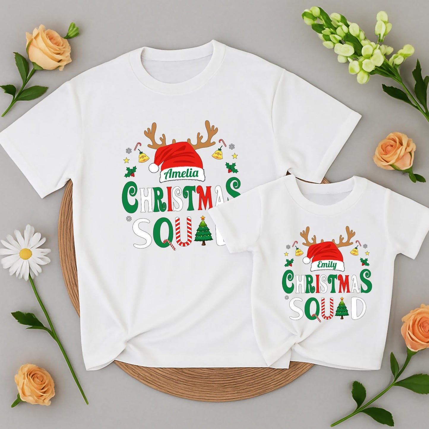 Christmas Squad Matching Family Shirts 2025 Personalized Name Santa Hat Antlers Holiday Tee Festive Group Outfit Bells Stars Candy Canes Xmas Pajamas
