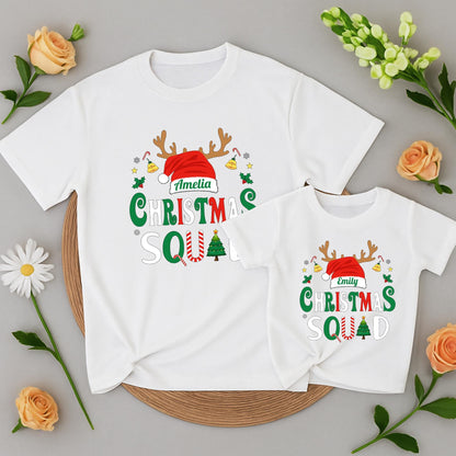 Christmas Squad Matching Family Shirts 2025 Personalized Name Santa Hat Antlers Holiday Tee Festive Group Outfit Bells Stars Candy Canes Xmas Pajamas