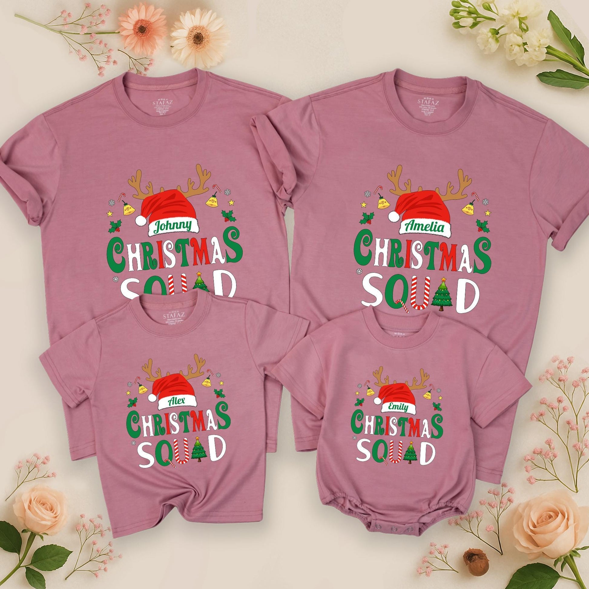Christmas Squad Matching Family Shirts 2025 Personalized Name Santa Hat Antlers Holiday Tee Festive Group Outfit Bells Stars Candy Canes Xmas Pajamas