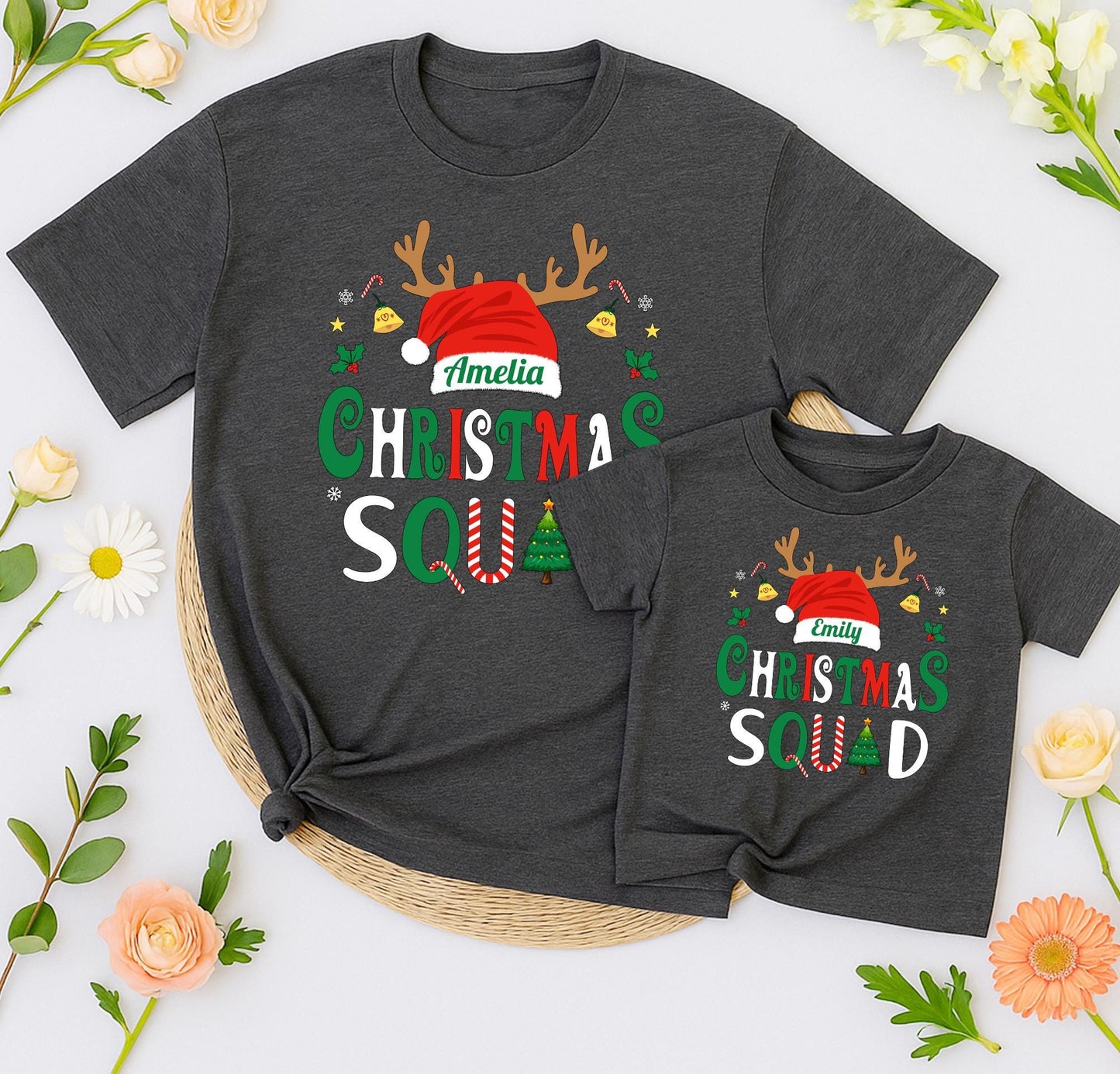 Christmas Squad Matching Family Shirts 2025 Personalized Name Santa Hat Antlers Holiday Tee Festive Group Outfit Bells Stars Candy Canes Xmas Pajamas