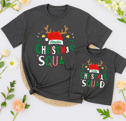 Christmas Squad Matching Family Shirts 2025 Personalized Name Santa Hat Antlers Holiday Tee Festive Group Outfit Bells Stars Candy Canes Xmas Pajamas