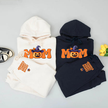 Personalized Mom Halloween Hoodie & Pants Set, Retro Pumpkin Patch Outfit, Custom Mama Gift, Orange & Purple Fall Sweatshirt