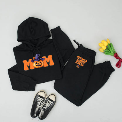 Personalized Mom Halloween Hoodie & Pants Set, Retro Pumpkin Patch Outfit, Custom Mama Gift, Orange & Purple Fall Sweatshirt