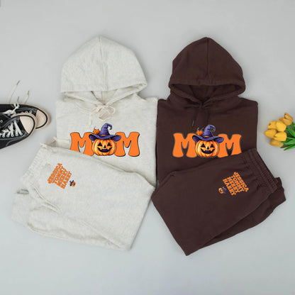 Personalized Mom Halloween Hoodie & Pants Set, Retro Pumpkin Patch Outfit, Custom Mama Gift, Orange & Purple Fall Sweatshirt