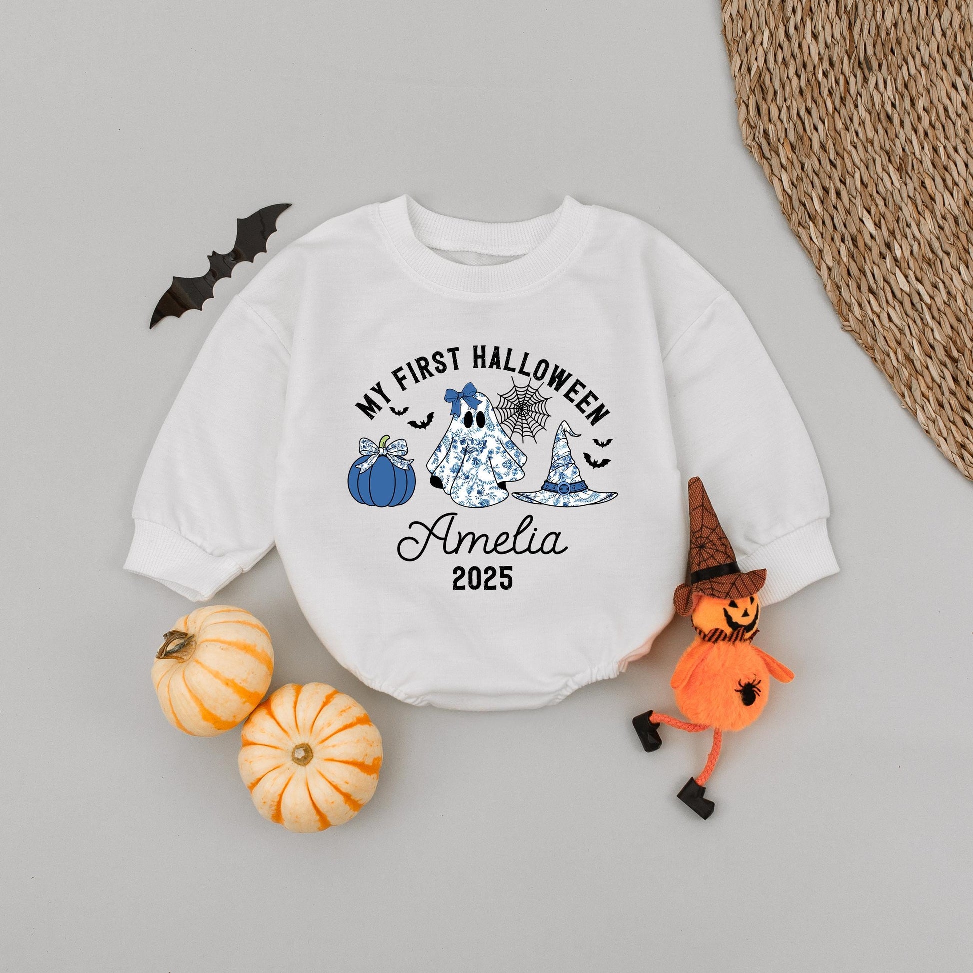 My First Halloween Baby Romper Cute Blue Pumpkin Ghost Witch Hat Amelia 2025 Fall Celebration Outfit