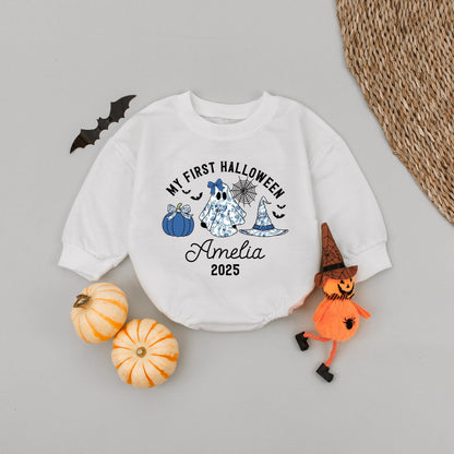 My First Halloween Baby Romper Cute Blue Pumpkin Ghost Witch Hat Amelia 2025 Fall Celebration Outfit