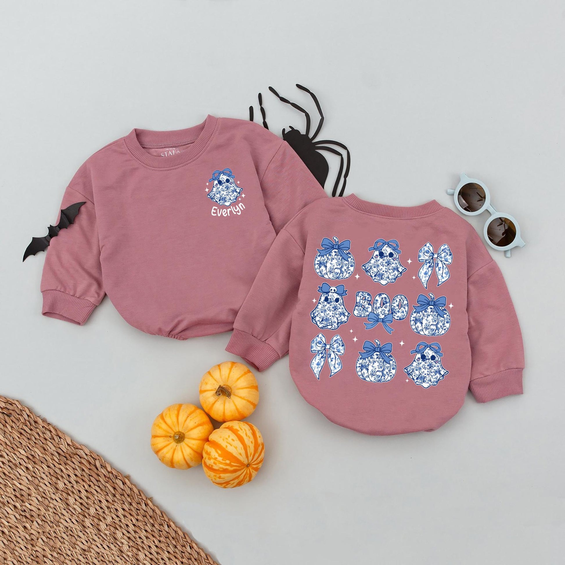 Custom Name Blue Bow Ghost Halloween Romper Baby Girl Clothes, Spooky Boo Outfit, Floral China Pattern Bows, Newborn Bubble Romper