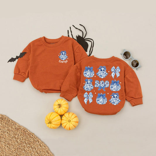 Custom Name Blue Bow Ghost Halloween Romper Baby Girl Clothes, Spooky Boo Outfit, Floral China Pattern Bows, Newborn Bubble Romper
