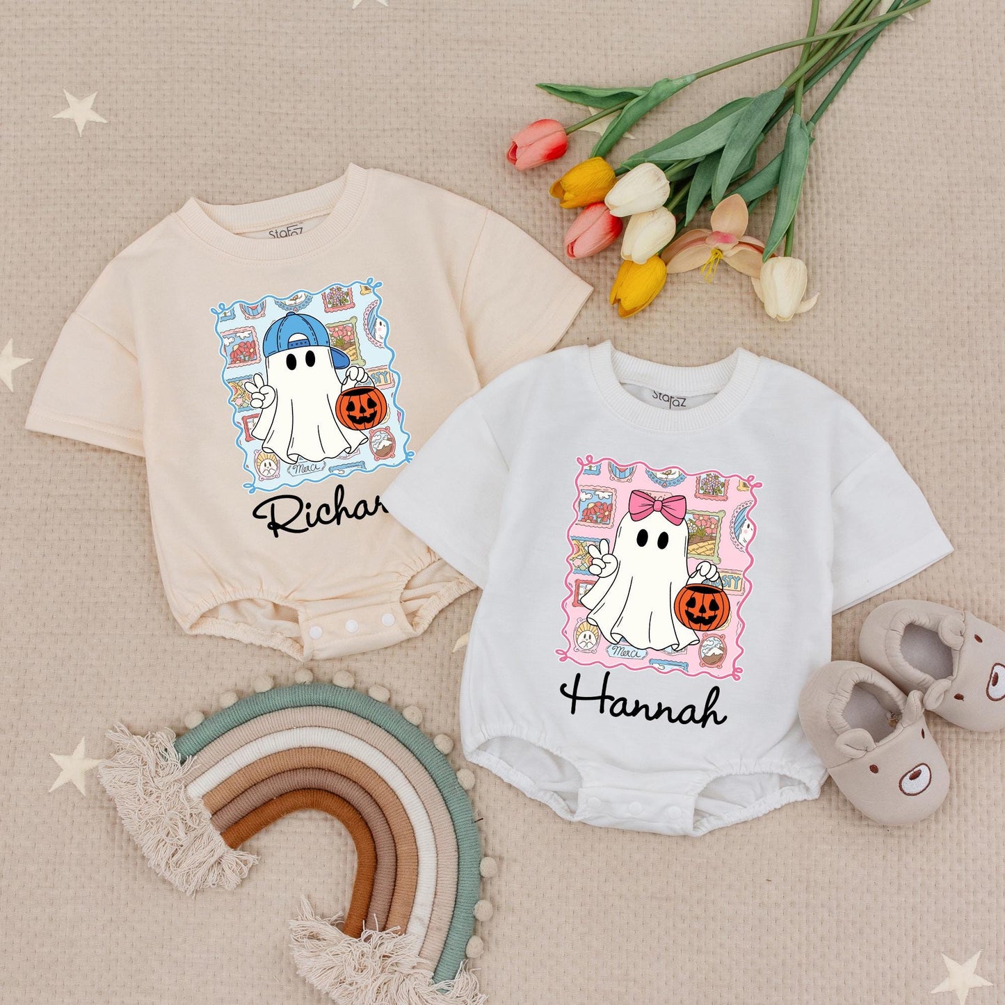 Personalized Halloween Ghost Bubble Romper for Baby Girls Boys Toddler Infant with Pink Bow Pumpkin Whimsical Name Design Outfit