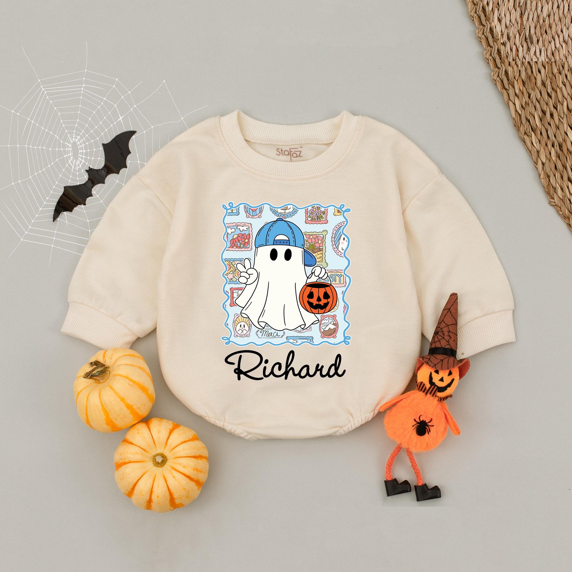 Personalized Halloween Ghost Bubble Romper for Baby Girls Boys Toddler Infant with Pink Bow Pumpkin Whimsical Name Design Outfit