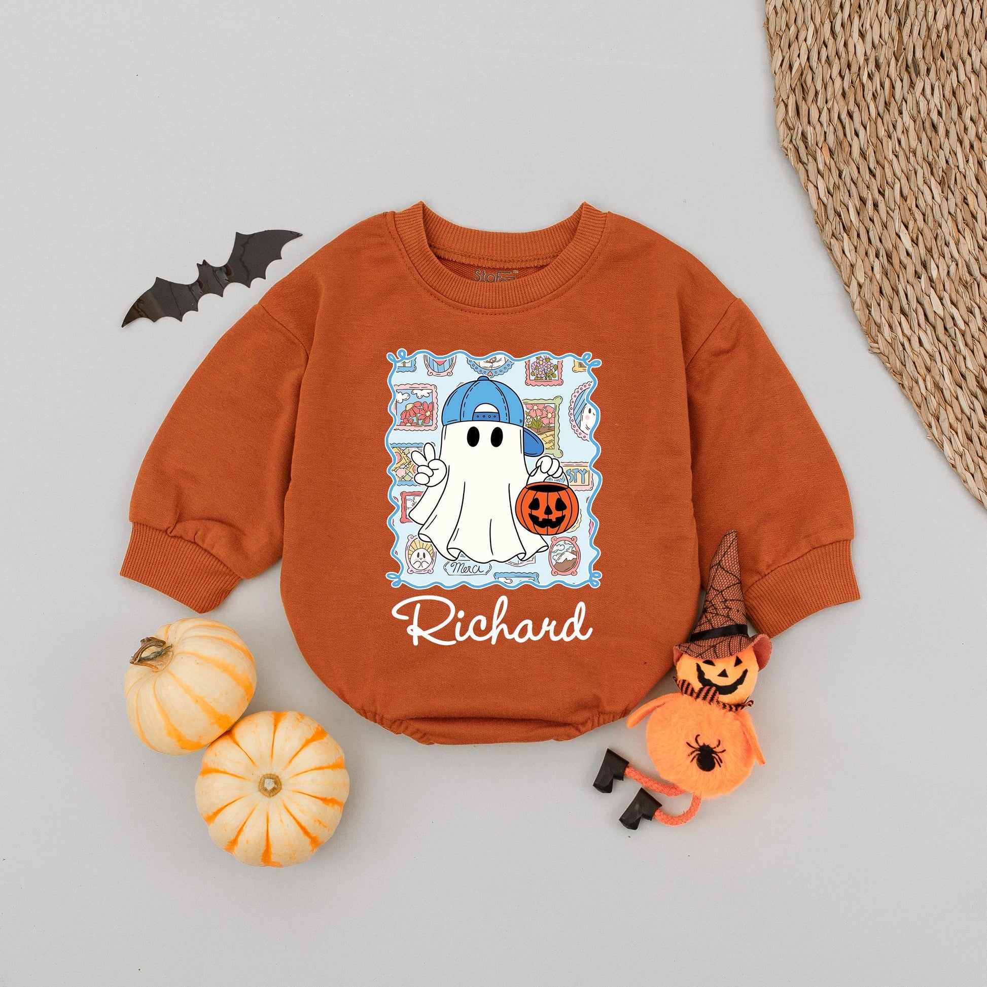 Personalized Halloween Ghost Bubble Romper for Baby Girls Boys Toddler Infant with Pink Bow Pumpkin Whimsical Name Design Outfit