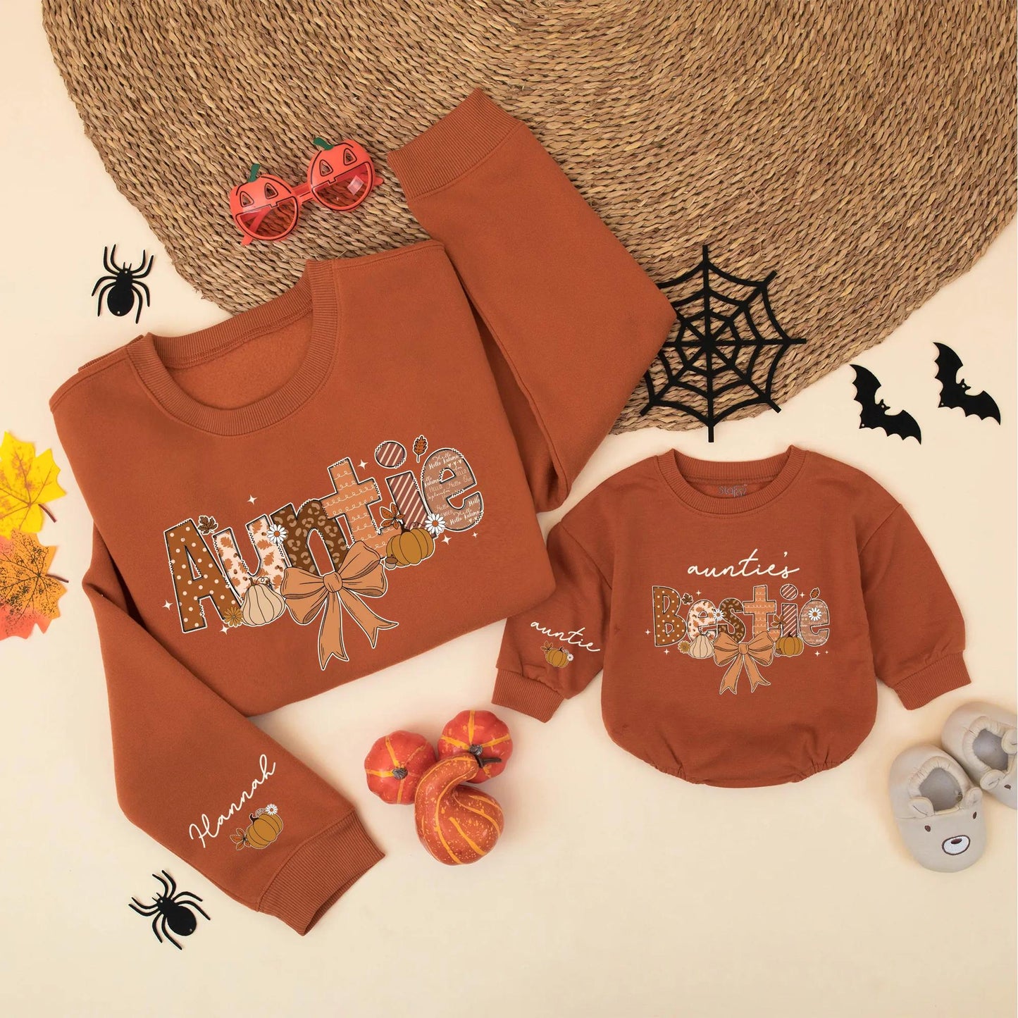 Matching Auntie & Auntie's Bestie Fall Sweatshirts, Personalized Thanksgiving Family Sweater, Pumpkin Design Gift for Aunt & Niece