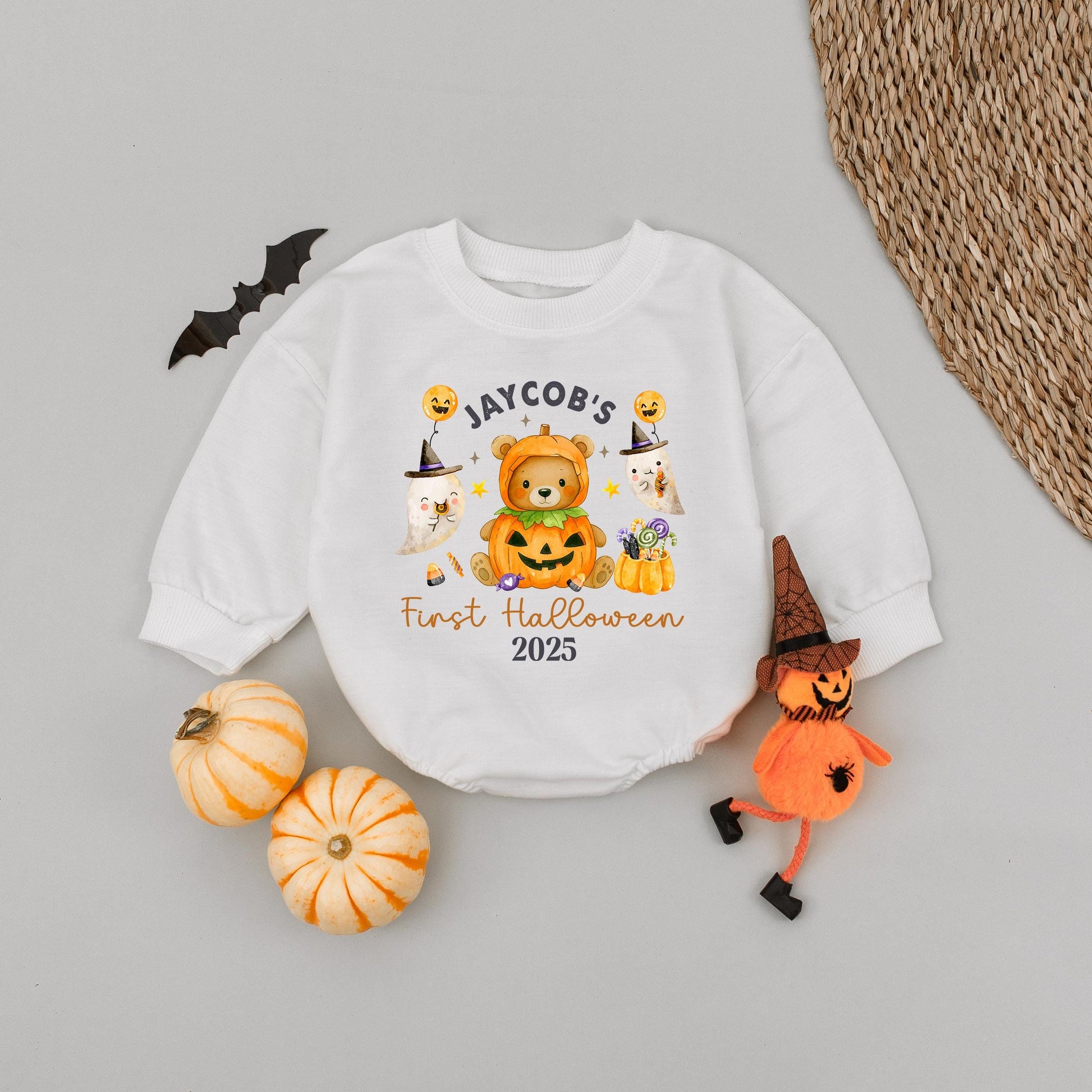 Personalized Baby's First Halloween Romper 2025, Cute Pumpkin Bear & Ghosts Outfit, Newborn Infant Gift