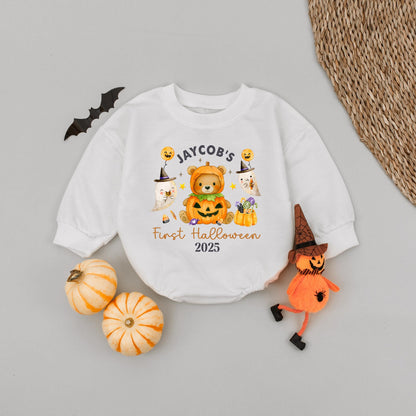 Personalized Baby's First Halloween Romper 2025, Cute Pumpkin Bear & Ghosts Outfit, Newborn Infant Gift