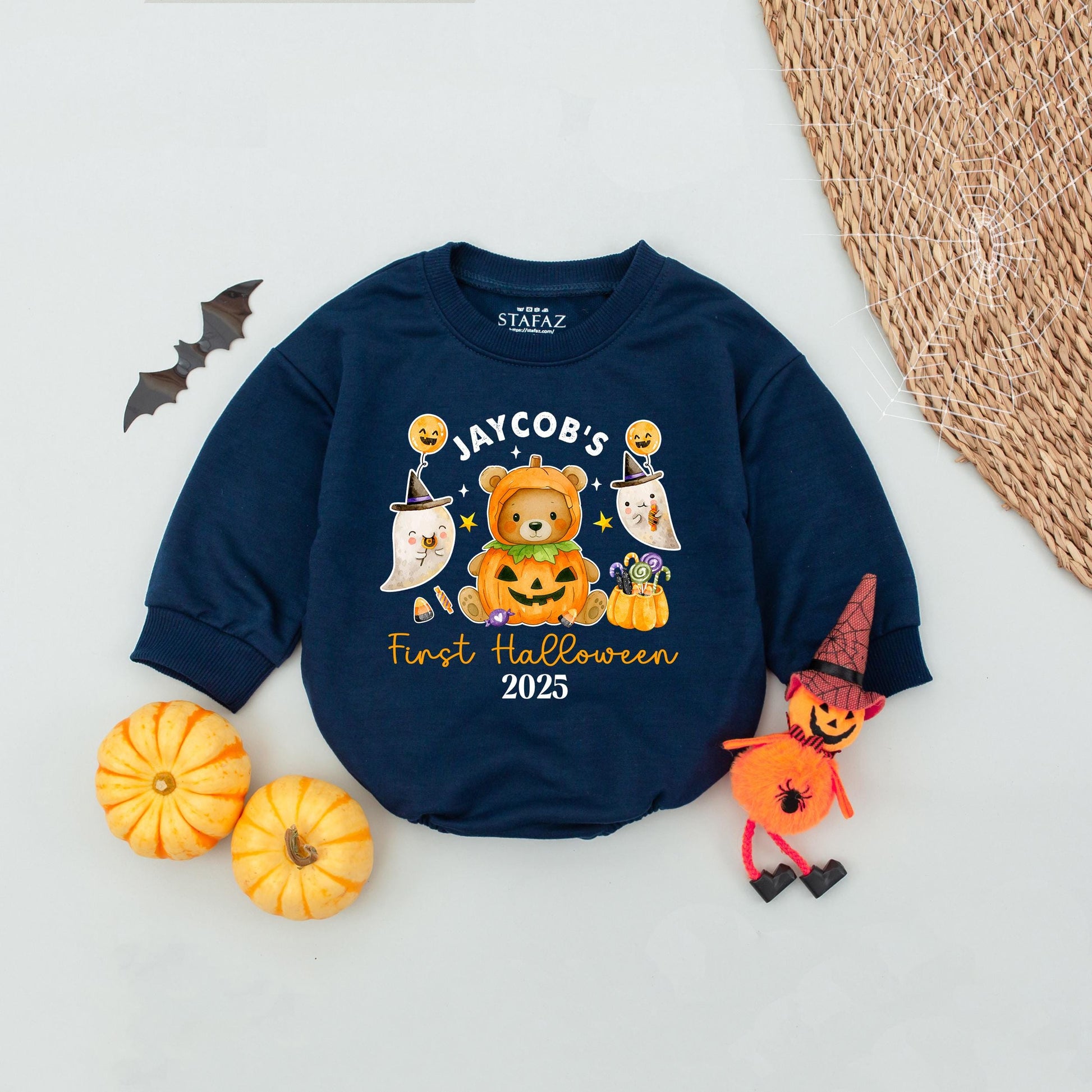 Personalized Baby's First Halloween Romper 2025, Cute Pumpkin Bear & Ghosts Outfit, Newborn Infant Gift