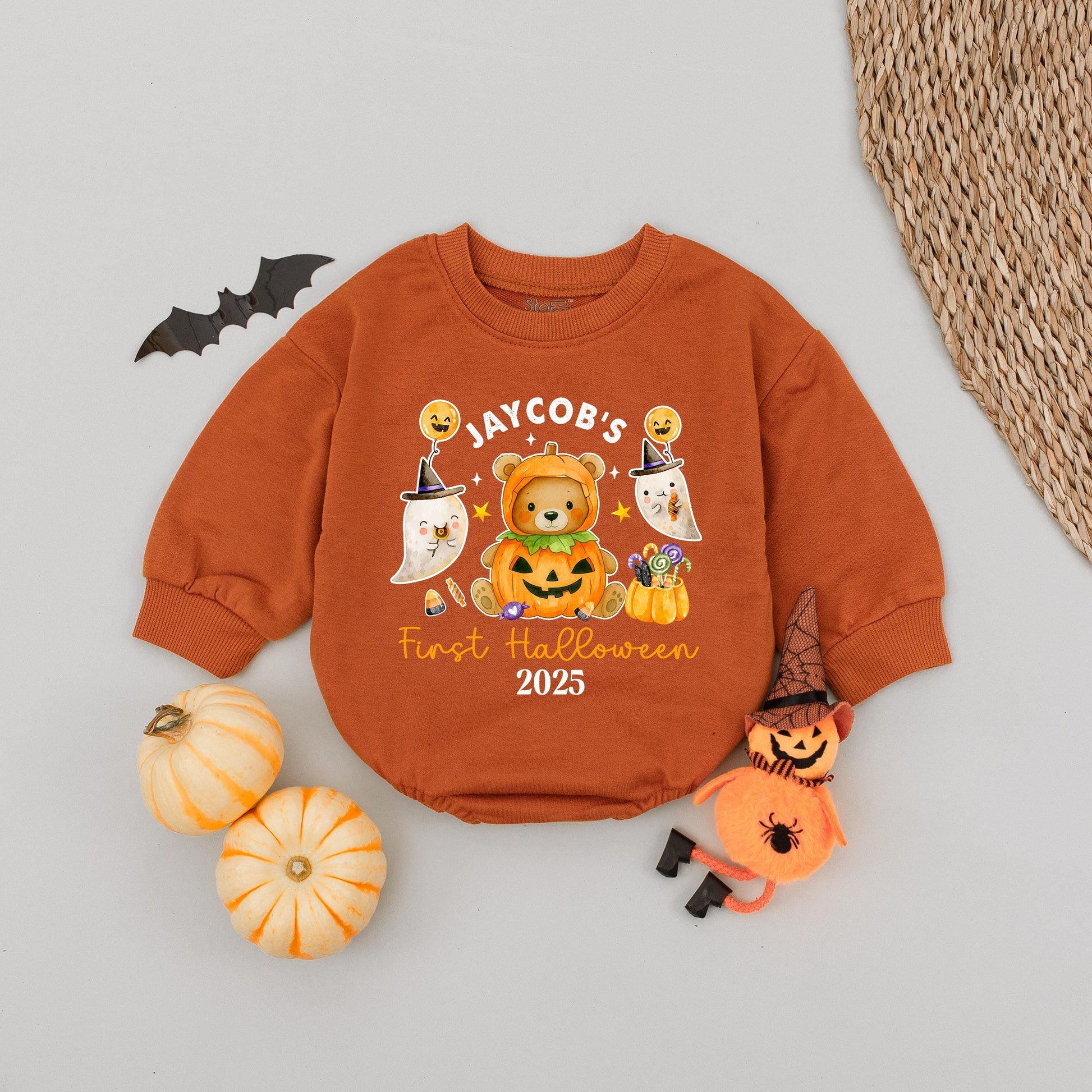 Personalized Baby's First Halloween Romper 2025, Cute Pumpkin Bear & Ghosts Outfit, Newborn Infant Gift