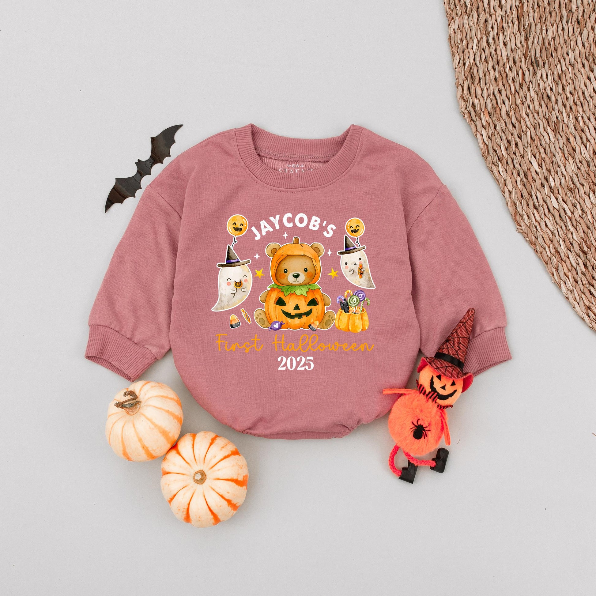 Personalized Baby's First Halloween Romper 2025, Cute Pumpkin Bear & Ghosts Outfit, Newborn Infant Gift