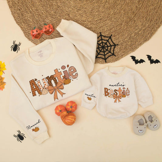 Matching Auntie & Auntie's Bestie Fall Sweatshirts, Personalized Thanksgiving Family Sweater, Pumpkin Design Gift for Aunt & Niece