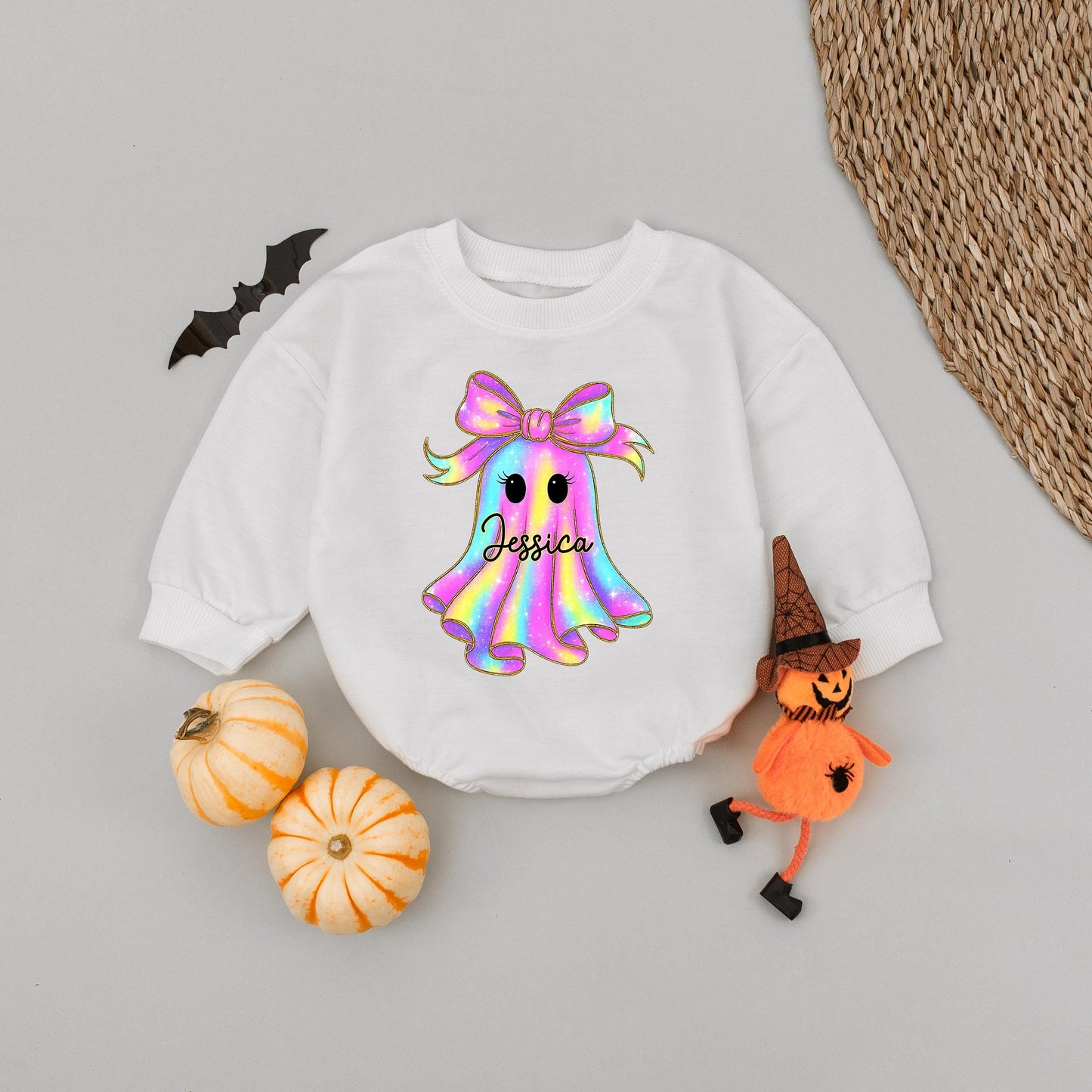 Personalized Name Ghost Halloween Baby Romper Short Sleeves Cute Boo Rainbow Ghost with Gold Outline and Black Cursive Name Toddler Outfit
