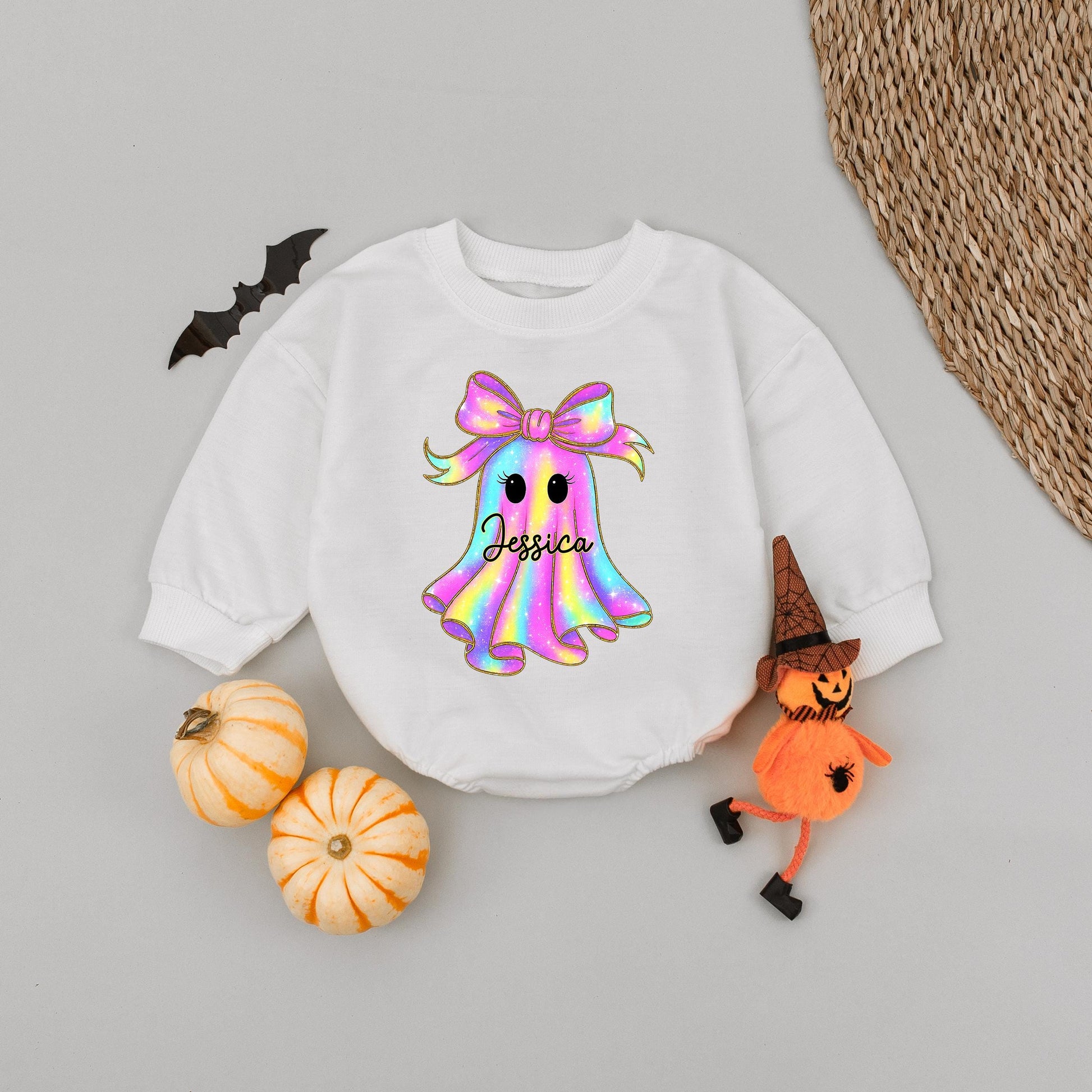 Personalized Name Ghost Halloween Baby Romper Short Sleeves Cute Boo Rainbow Ghost with Gold Outline and Black Cursive Name Toddler Outfit