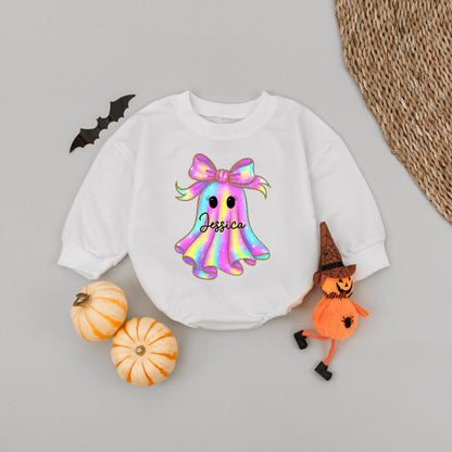 Personalized Name Ghost Halloween Baby Romper Short Sleeves Cute Boo Rainbow Ghost with Gold Outline and Black Cursive Name Toddler Outfit