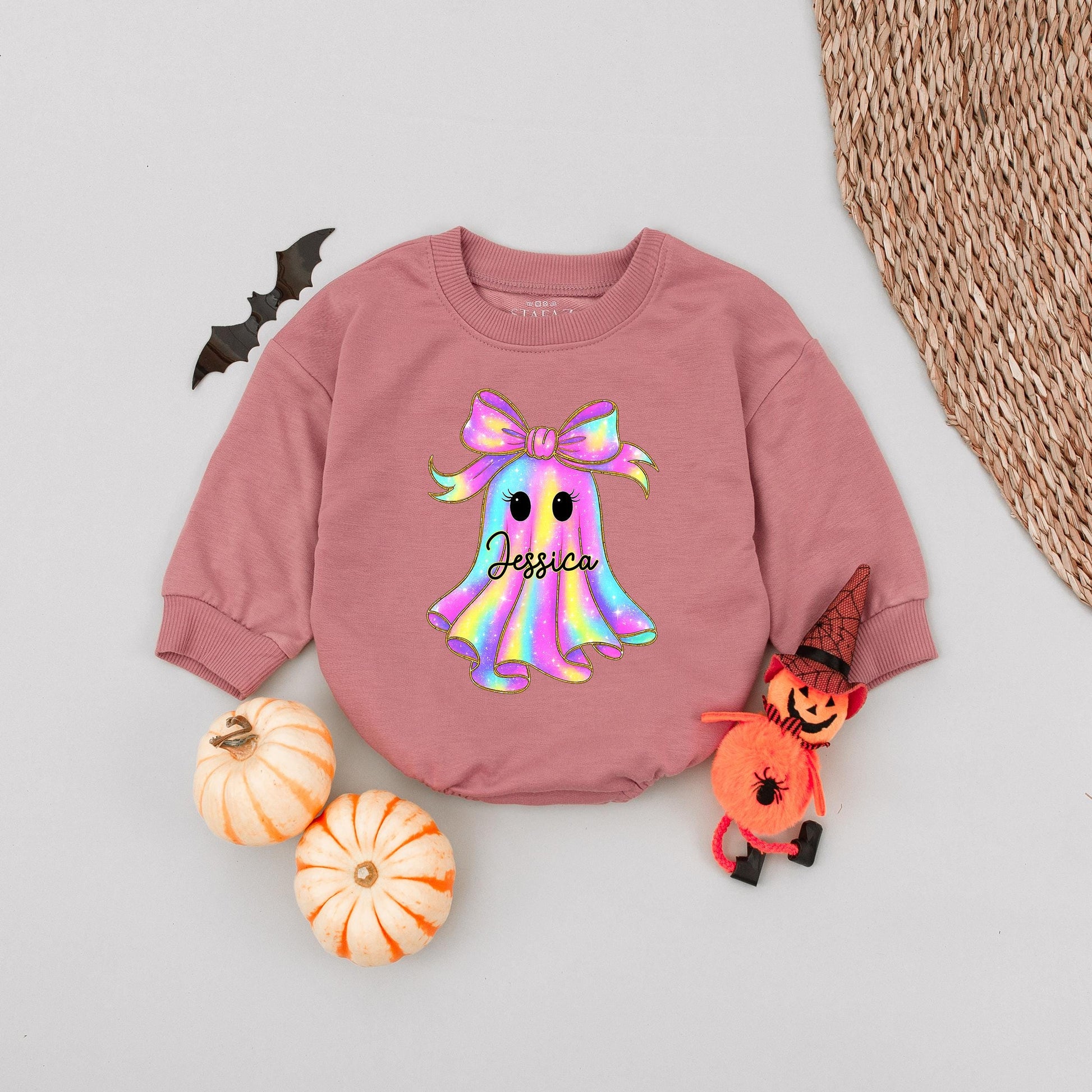 Personalized Name Ghost Halloween Baby Romper Short Sleeves Cute Boo Rainbow Ghost with Gold Outline and Black Cursive Name Toddler Outfit